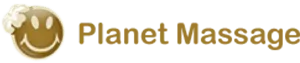 Planet massage logo on a beige background.