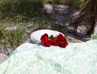 Special Seasonal Offers: A blanket with roses on it on the beach, available at exclusive discounted prices during our special seasonal offers.